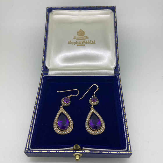 Vintage 9ct Amethyst and Pearl Drop Earrings