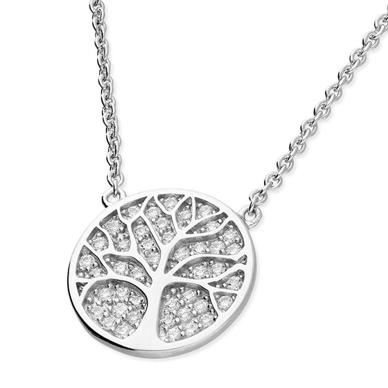 SILVER CUBIC ZIRCONIA TREE LIFE DISC NECKLACE