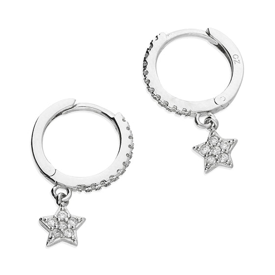 SILVER CZ STAR CHARM HUGGIE HOOPS