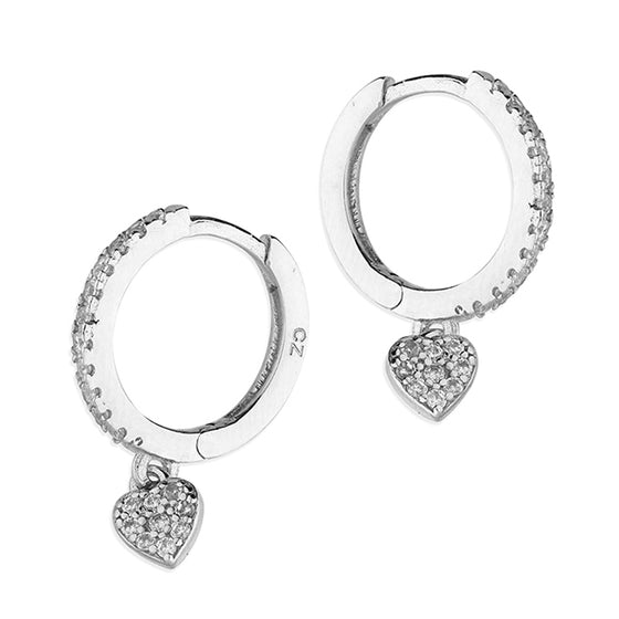 SILVER CZ HEART CHARM HUGGIE HOOPS